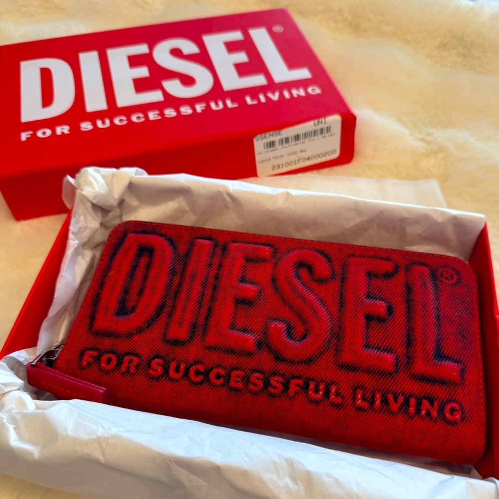 DIESEL Red Denim Zip-Around Continental Wallet
